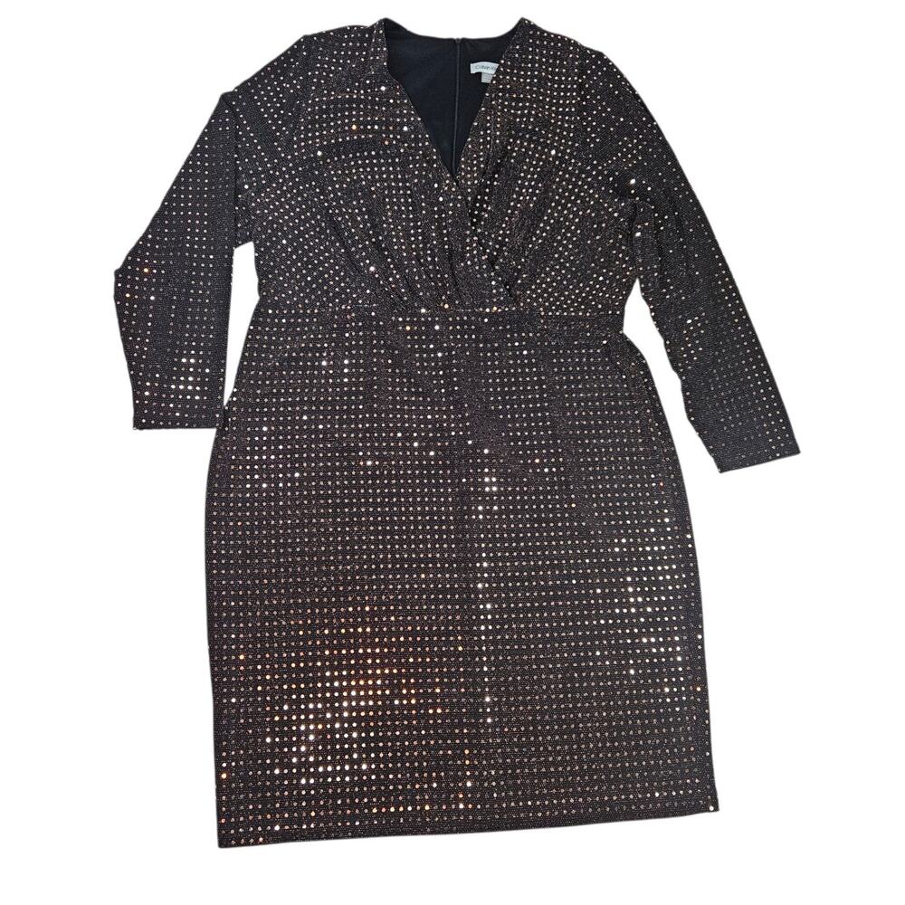 Calvin Klein Glitter Knit Surplice Cocktail Party Dress 16W Black Copper NYE